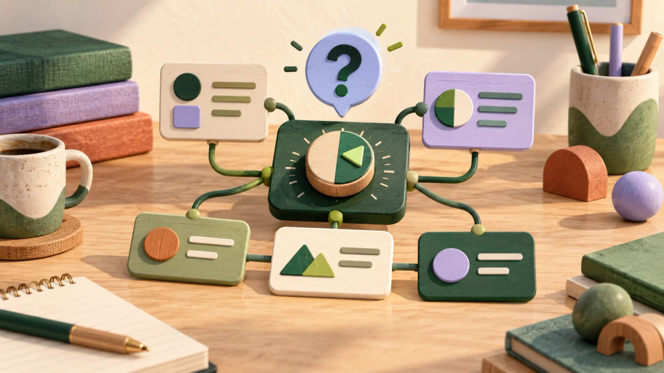 Component cards connect to a state dial beside a question token and a preparation notebook.