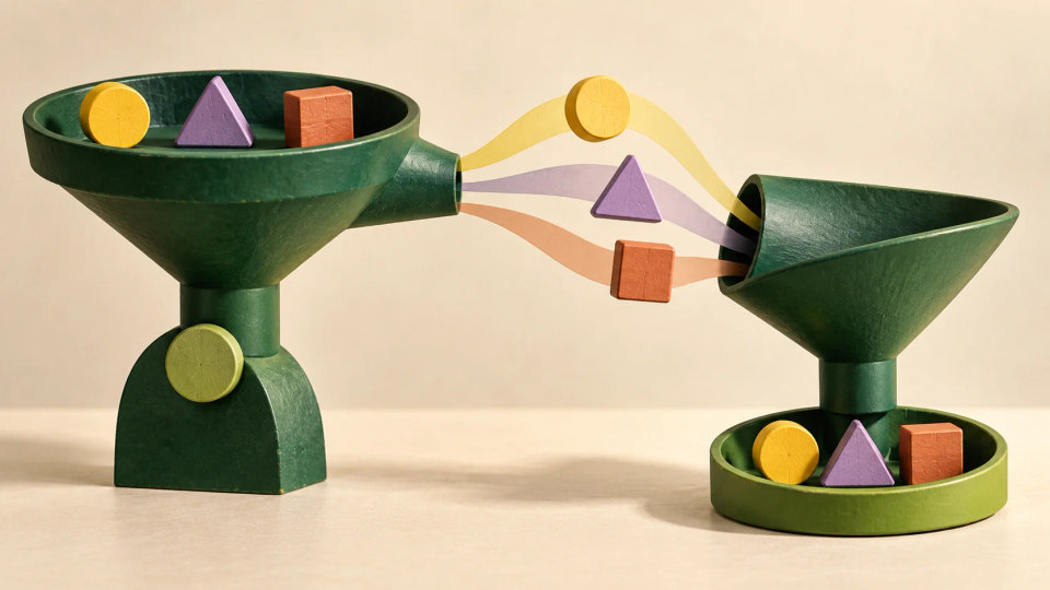 One mechanism fans tokens outward while another gathers the same kinds of tokens into a tray.