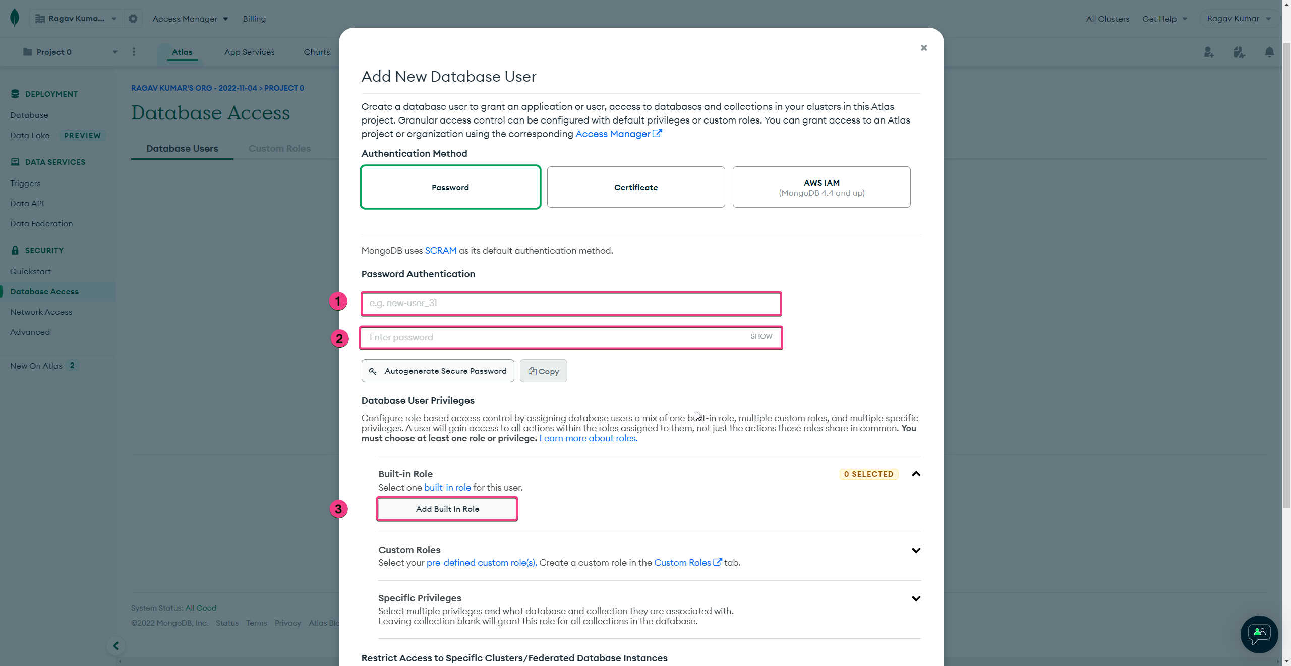 Choose username, password & built-in role (admin)