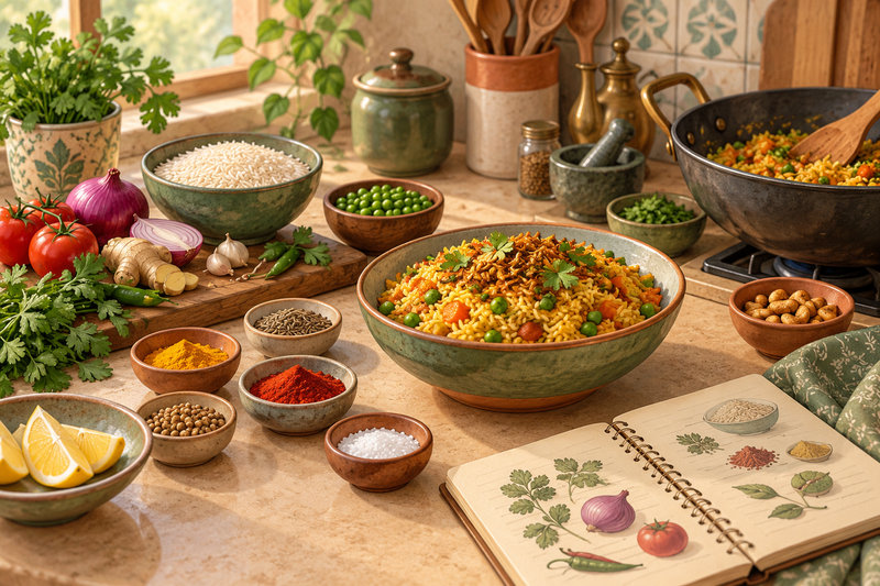 A warm kitchen counter with a rice meal, ingredients and a recipe notebook, illustrating how ingredients become a finished meal.