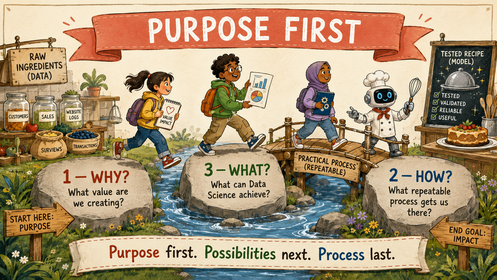 Purpose First teaching slide: raw data crosses a bridge to a useful model, beginning with why, then what is possible, then how.