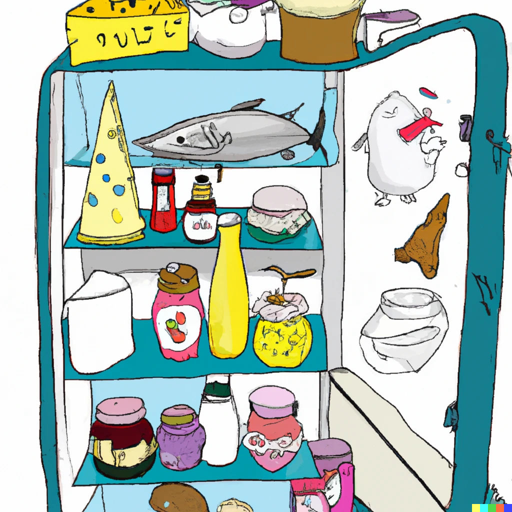 a Dr Seuss like illustration of an open fridge with fish, jam, milk, bread, cheese, and ice cream in it