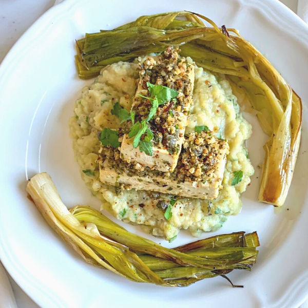 Lemon Caper Herb-Crusted Tofu with Miso Mashed Potatoes and Shallot Butter Sauce