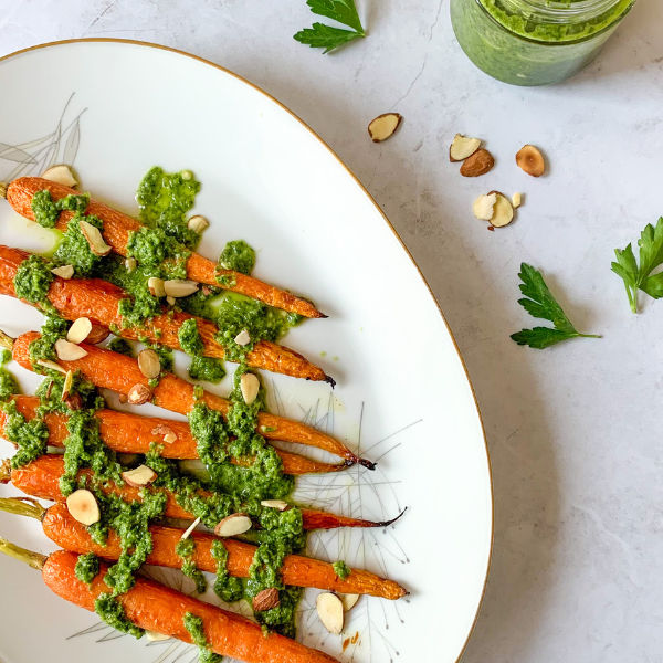 Maple-Roasted Carrots with Carrot Top Chimichurri Sauce