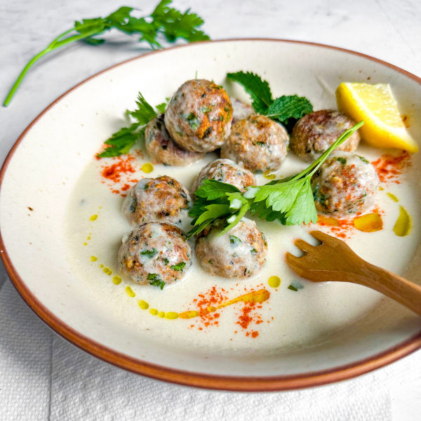 Plant-Based Meatballs with Lemony Yogurt Sauce over Quinoa Pilaf