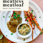 This Pinterest pin shows the title of this blog post "The Best Meatless Meatloaf" plus a picture of the meatloaf.