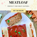 This Pinterest pin shows the title of this blog post "The Best Meatless Meatloaf" plus a picture of the meatloaf.