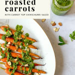 This Pinterest Pin shows the recipe title "Maple Roasted Carrots with Carrot Top Chimichurri Sauce" and an image of the maple-roasted carrots with chimichurri sauce drizzled over them and sprinkled with toasted almonds.