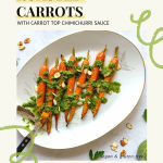 This Pinterest Pin shows the recipe title "Maple Roasted Carrots with Carrot Top Chimichurri Sauce" and an image of the maple-roasted carrots with chimichurri sauce drizzled over them and sprinkled with toasted almonds.