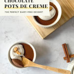 This image shows the Pinterest Pin of the recipe "Mexican Chocolate Pots de Creme" with coconut whipped cream and candied almonds on top.