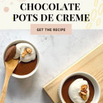 This image shows the Pinterest Pin of the recipe "Mexican Chocolate Pots de Creme" with coconut whipped cream and candied almonds on top.