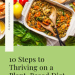 This Pinterest Pin shows the title of this blog post, "10 Steps to Thriving on a Plant-Based Diet" with a picture of a delicious plant-based meal.