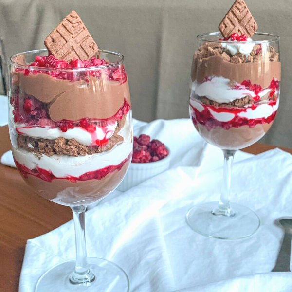 Chocolate Raspberry Parfaits with Coconut Whipped Cream and Chocolate Cookies