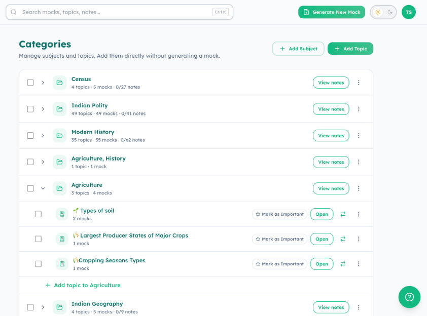 Mock Rail AI categories and topics organization