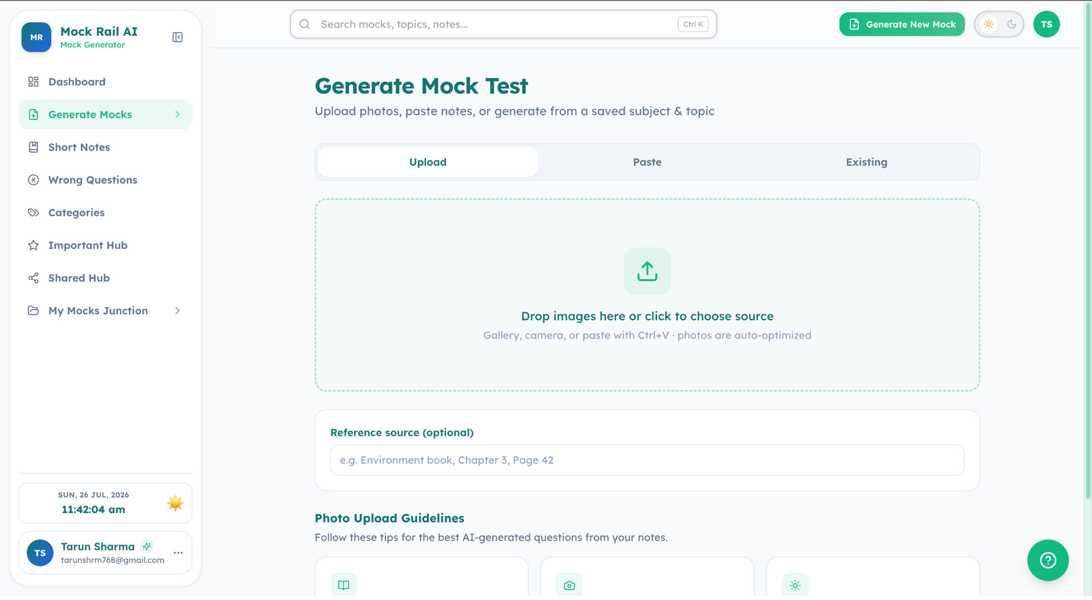 Mock Rail AI generate mock test screen with image upload drop zone