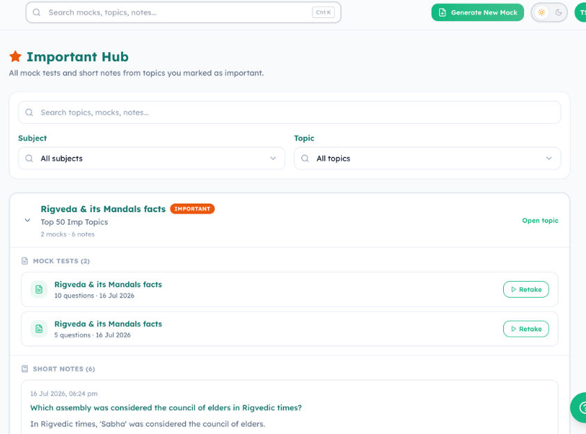 Mock Rail AI Important Hub for marking key study topics
