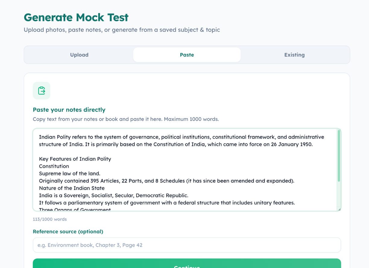 Mock Rail AI paste notes screen for generating MCQ mocks from copied text