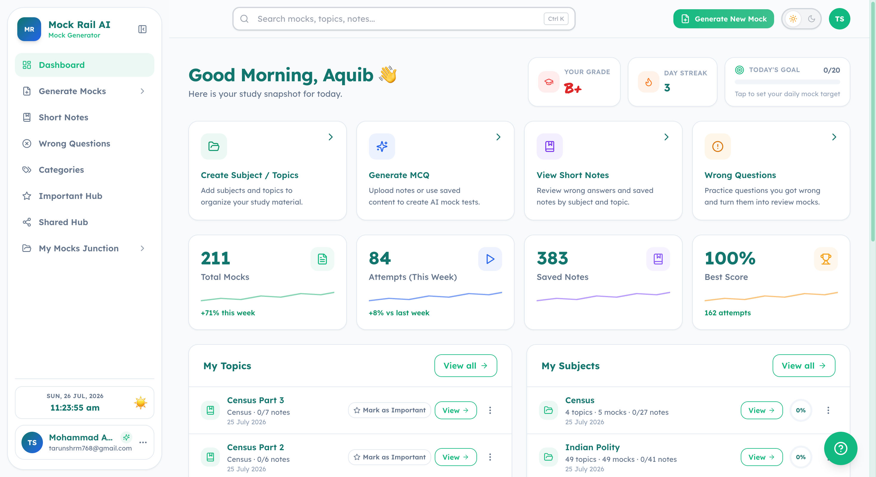 Mock Rail AI dashboard showing mock generation, grades, streaks, and study analytics
