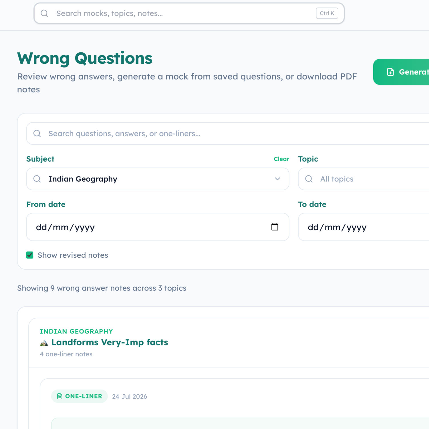 Mock Rail AI wrong questions practice screen