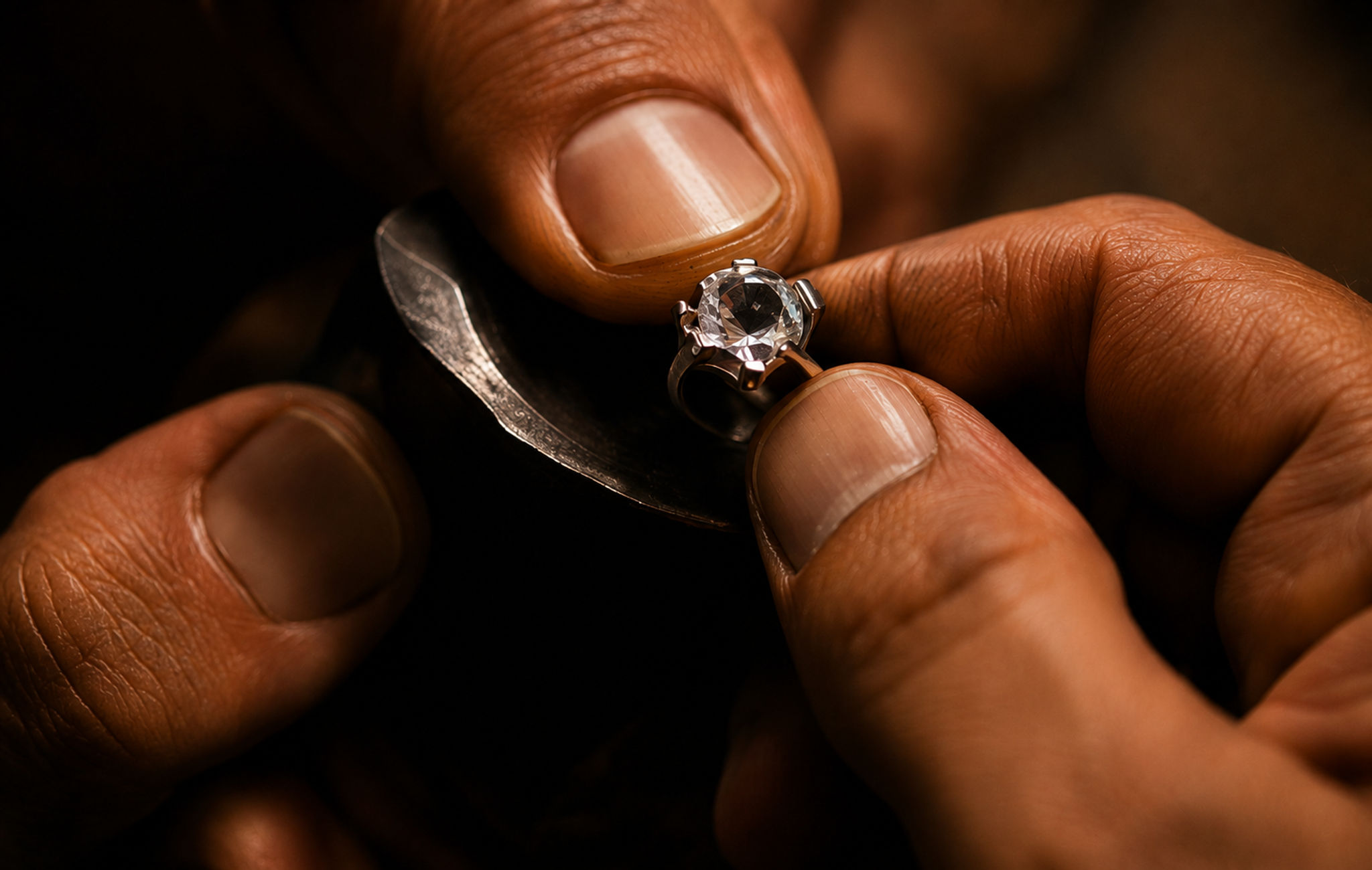 A jeweller's hands setting a solitaire diamond into its ring