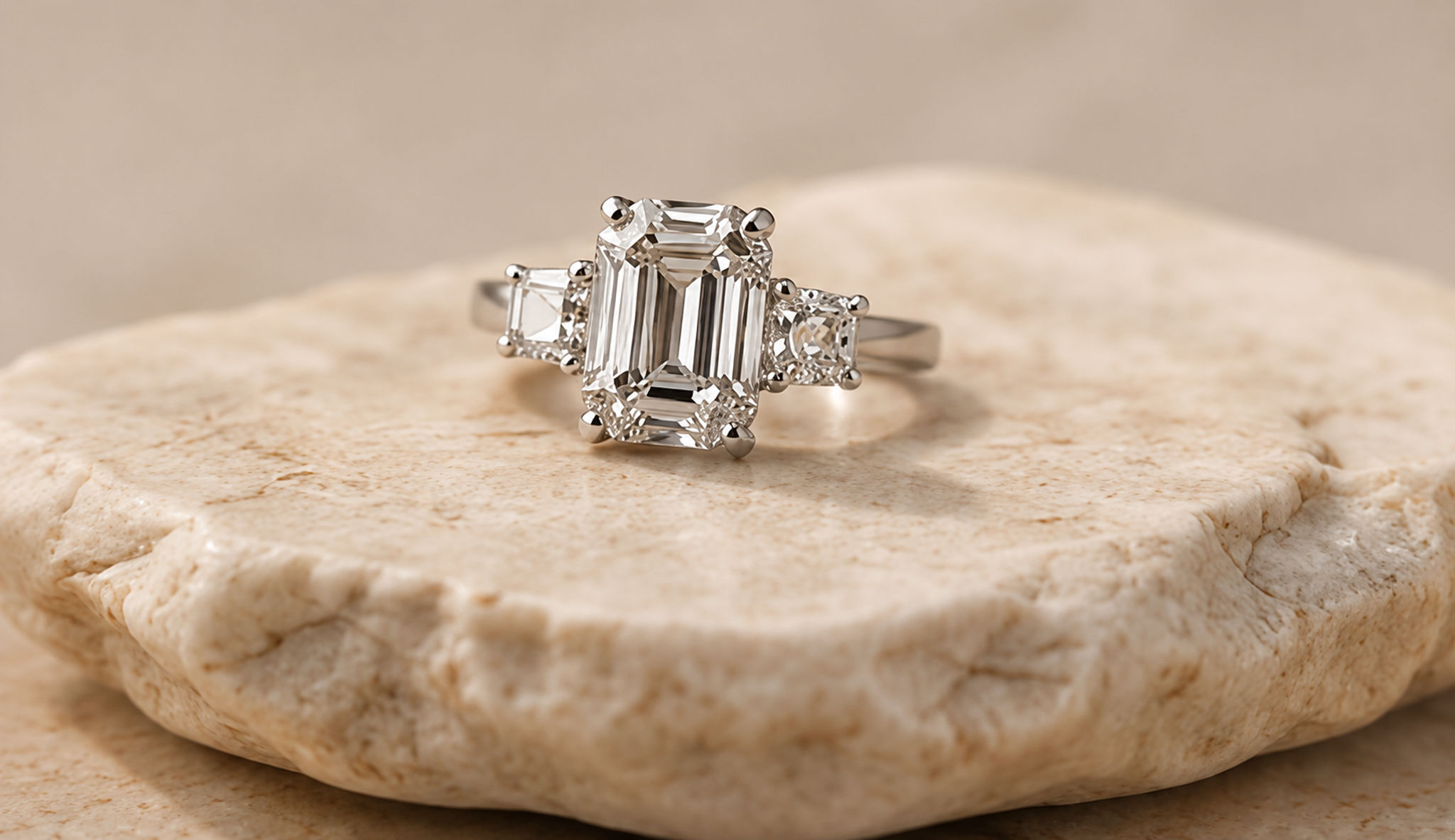 An emerald-cut diamond ring resting on a travertine stone