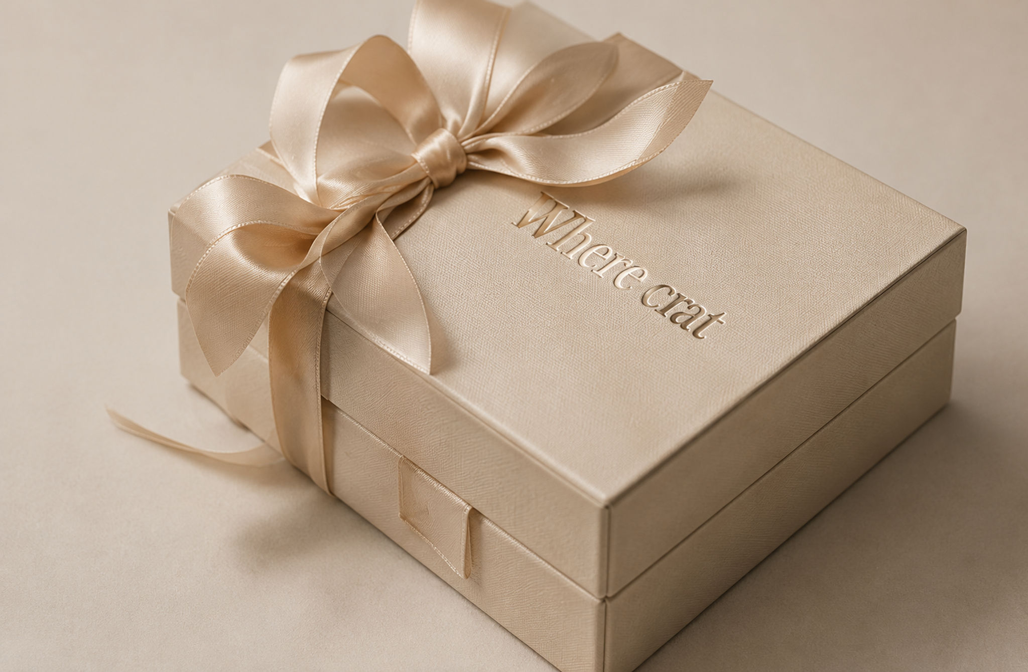 A champagne jewellery box finished with a satin ribbon