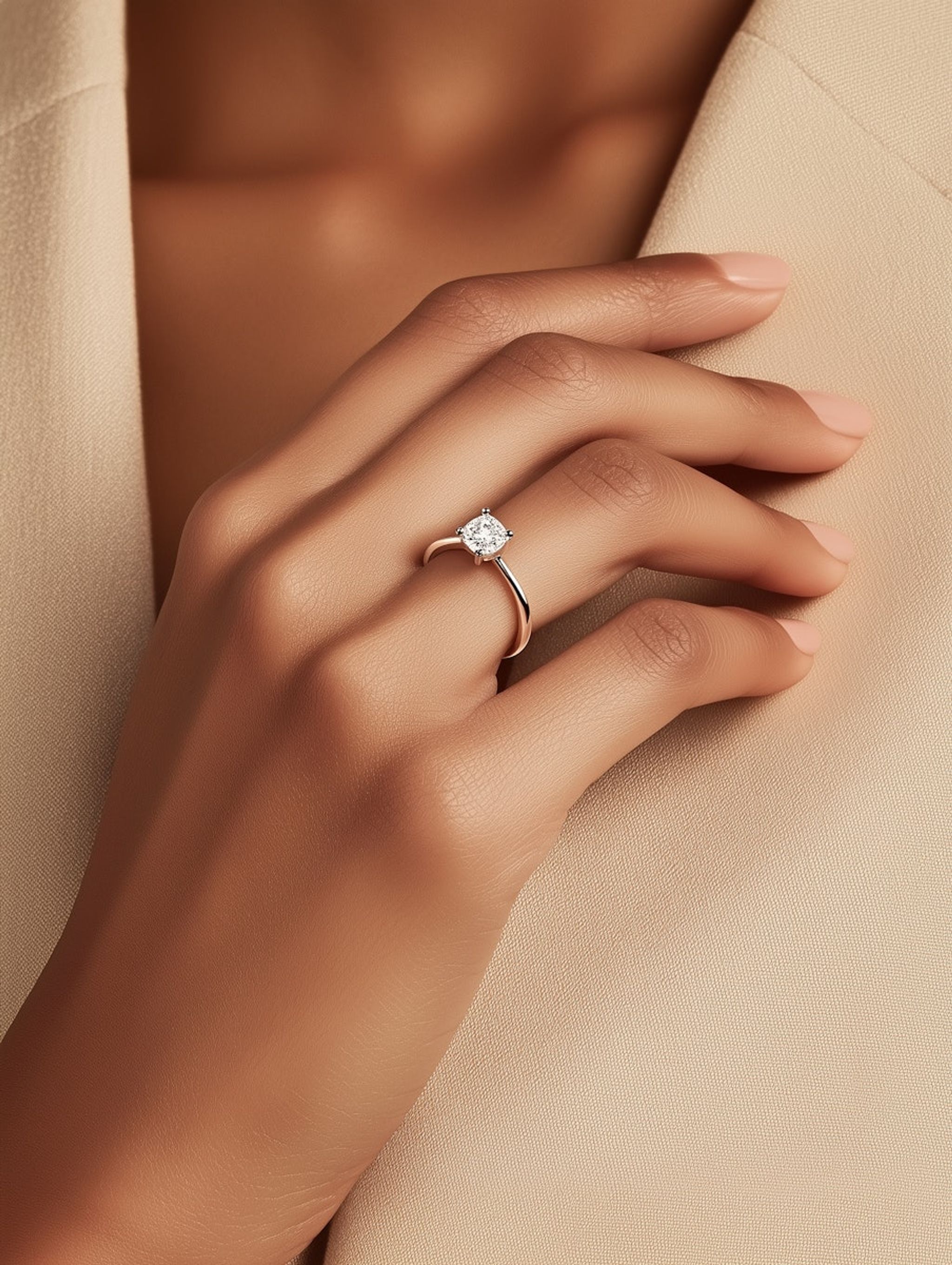 A solitaire engagement ring worn on the hand