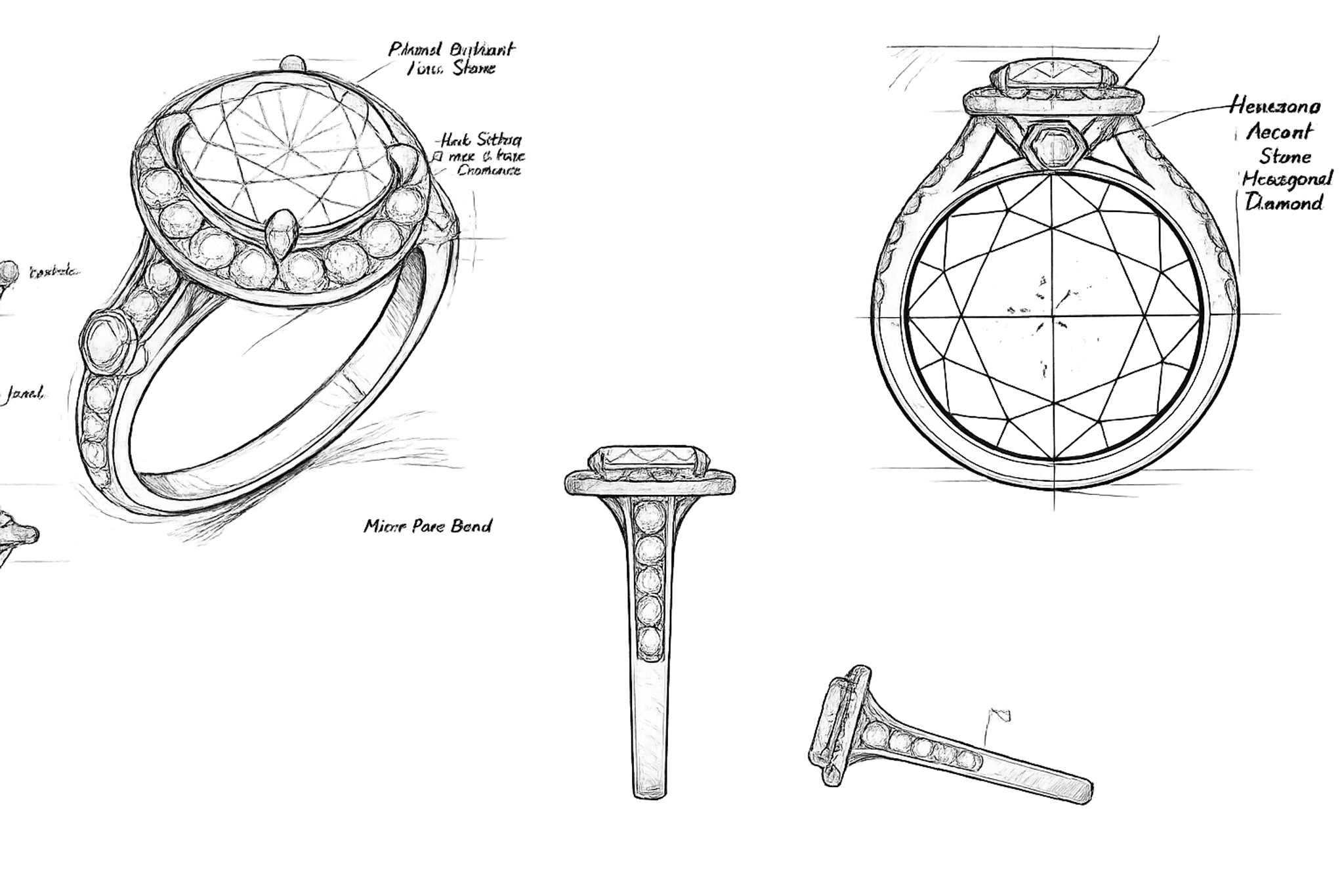 Bench drawings of a halo ring — profile, plan and section views