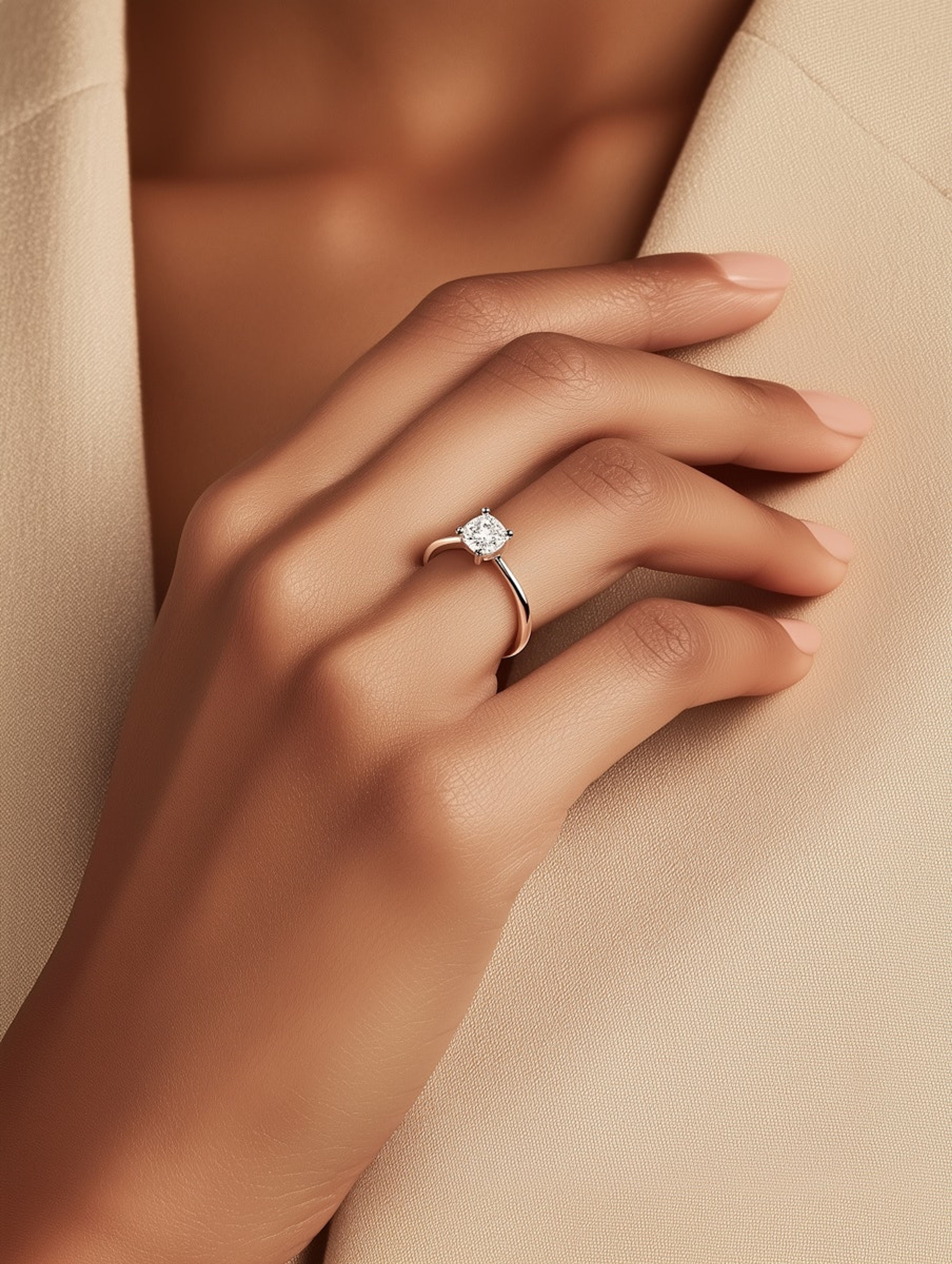 A solitaire engagement ring worn on the hand