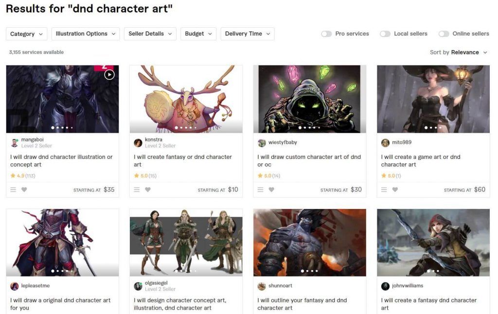 DnD character art Fiverr section