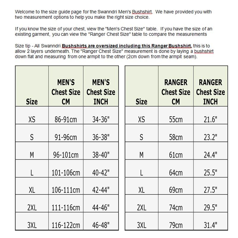 Ranger Up Size Chart