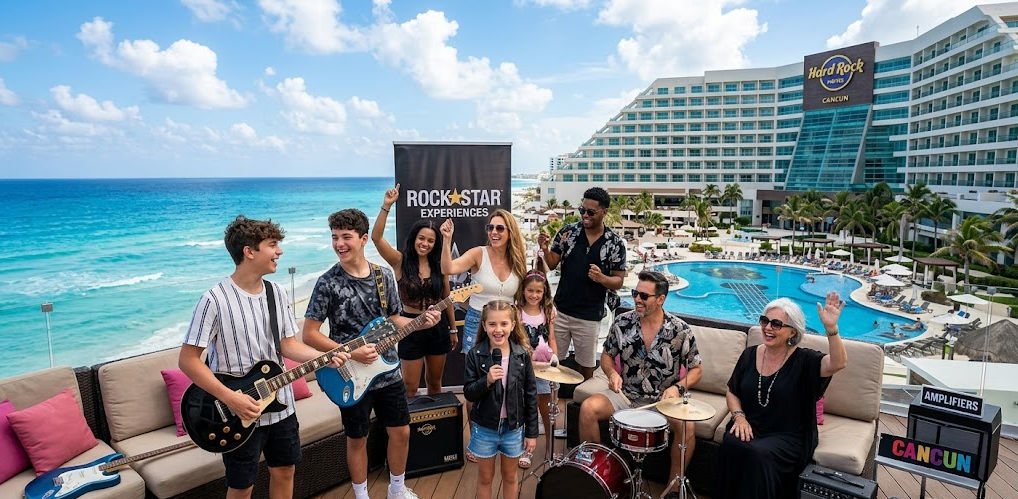 A family and group of friends enjoying the Rock Star Experience on a terrace at Hard Rock Hotel Cancun with guitars and a Caribbean Sea view