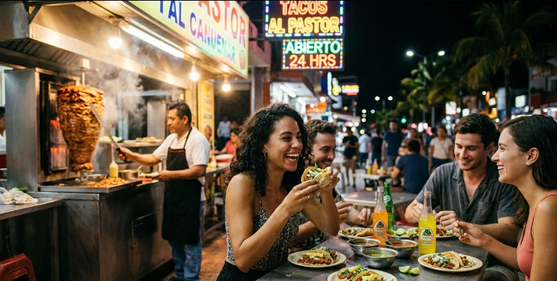 A woman smiling while eating an al pastor taco at a late-night Cancun taco stand with friends