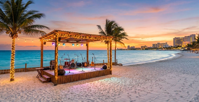 MUSICA EN VIVO Y BAILE CON LOS PIES EN LA ARENA EN CANCUN
