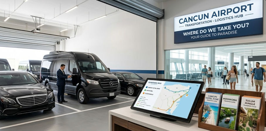 Cancun Airport Transportation: Logistics Hub & Luxury Transfers Lujoso centro de logística de transporte en el Aeropuerto de Cancún (CUN) que muestra camionetas Mercedes-Benz Sprinter y autos E-Class negros, un chofer uniformado y un quiosco de información interactivo con mapas de la Zona Hotelera y folletos de destinos de la Riviera Maya.