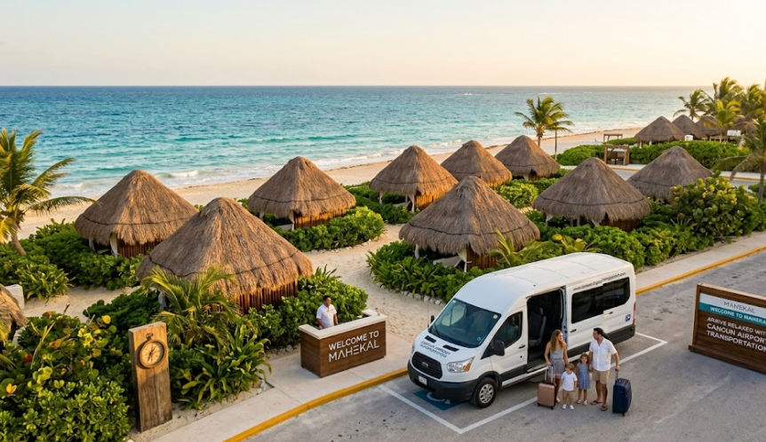 Family arriving at Mahekal Beach Resort with private Cancun Airport Transportation service, featuring white van and palapa thatched cabanas by the sea.