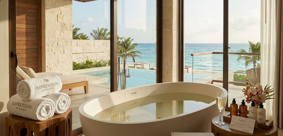 Lujoso baño en Impression by Secrets Moxché con vista al mar y toallas personalizadas de Impression by Secrets, ideal para viajeros que reservan con Cancun Airport Transportation.