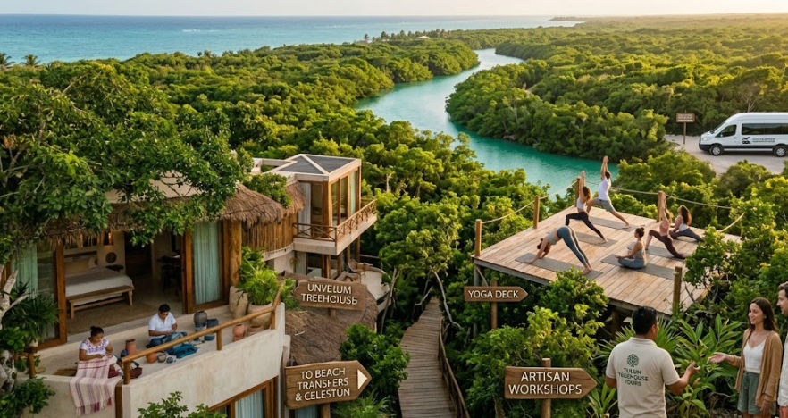 Private transportation from Cancun to Tulum: Arrival at Tulum Treehouse and luxury activities Sustainable luxury in the jungle: Yoga at Tulum Treehouse and private Cancun Airport Transportation