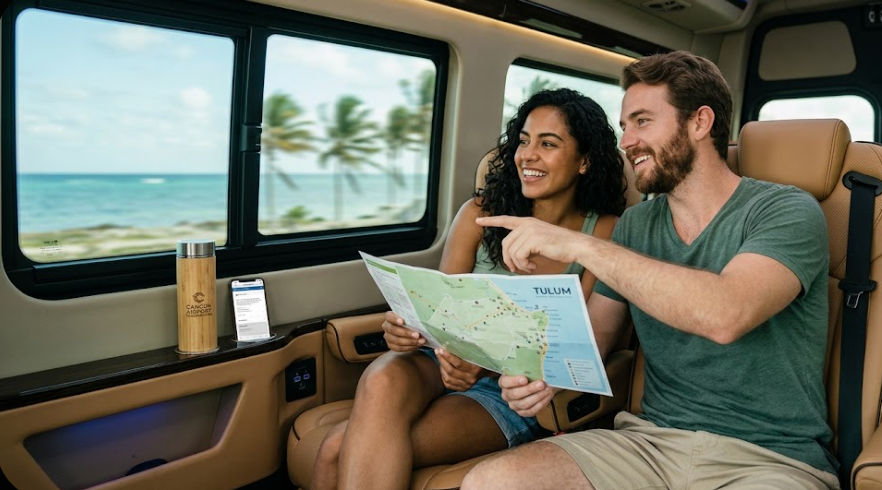 Cancun's Airport Transportation: Your Luxury Start in Tulum Luxury private transfer from Cancun to Tulum by Cancun's Airport Transportation - Smiling couple with map