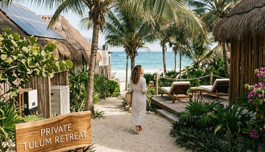 A woman in a linen dress walking along a sandy path at Olas Tulum eco-resort, holding a coconut. The path is flanked by thatched-roof bungalows with solar panels, lush palm trees, and a wooden sign that reads 