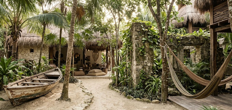 Lujoso traslado privado de Cancún a cabañas de playa bohemias en Tulum con canoa rústica y hamacas frente a ruinas mayas.