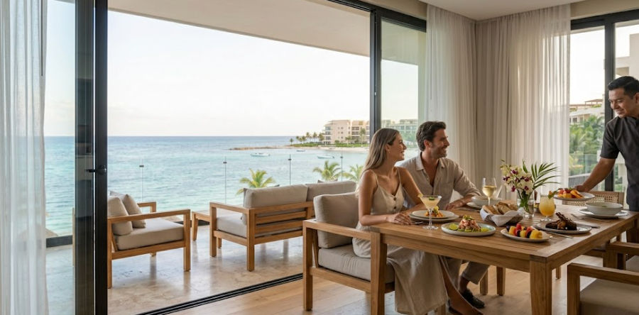 Disfruta de una cena privada con vista al mar con Cancuns Airport Transportation en el hotel Fives Beach Playa del Carmen