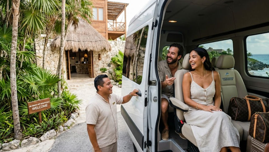 Luxury arrival in Tulum with Cancun Airport Transportation. A smiling couple is greeted at Mi Amor Art Boutique by a professional driver, stepping out of a private van with designer luggage.