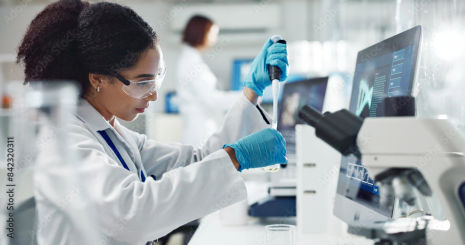 A woman in a lab setting with goggle on, holiding a test tube and pippet with a microscope in the background