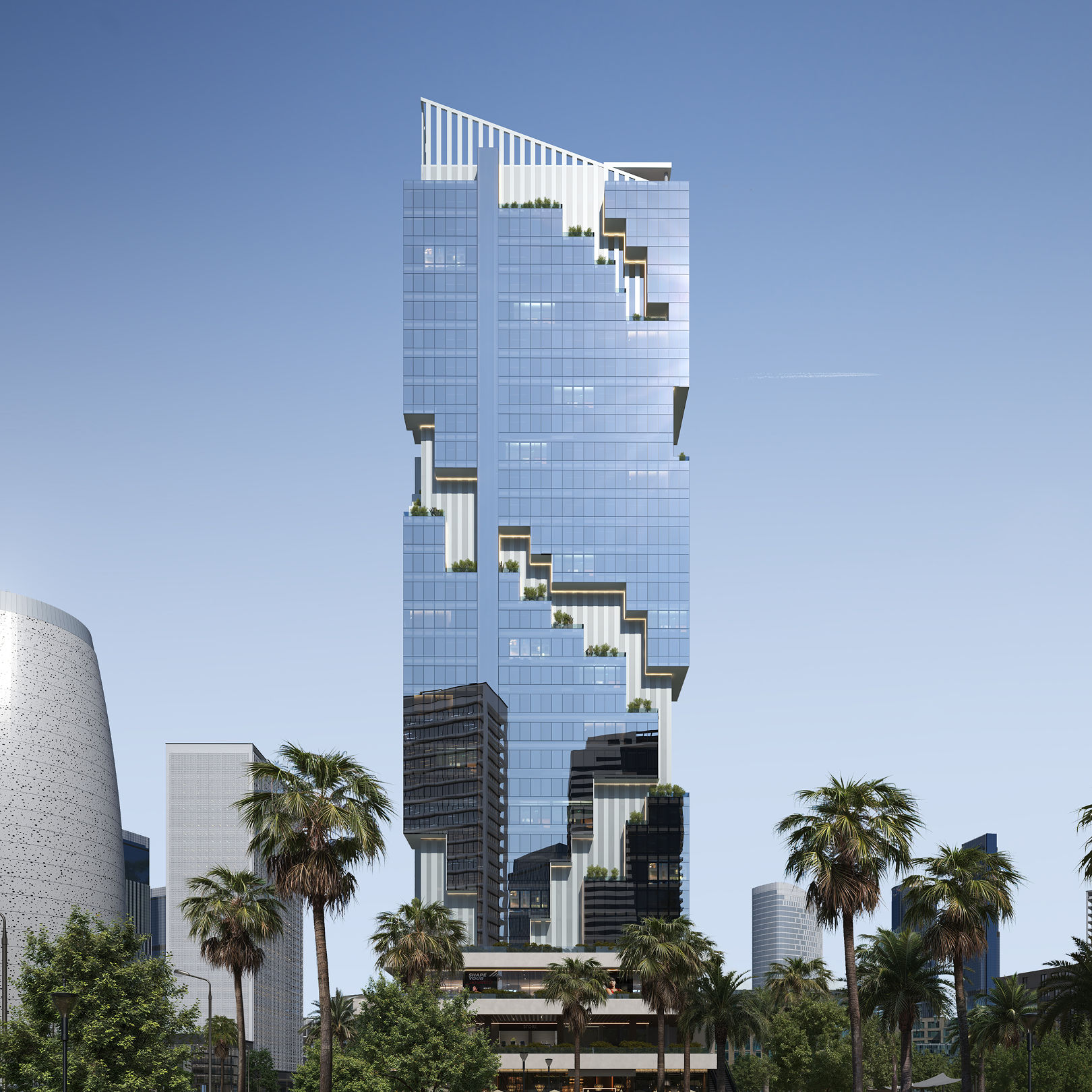 Facade detail showing linear LED tracing on glass fins