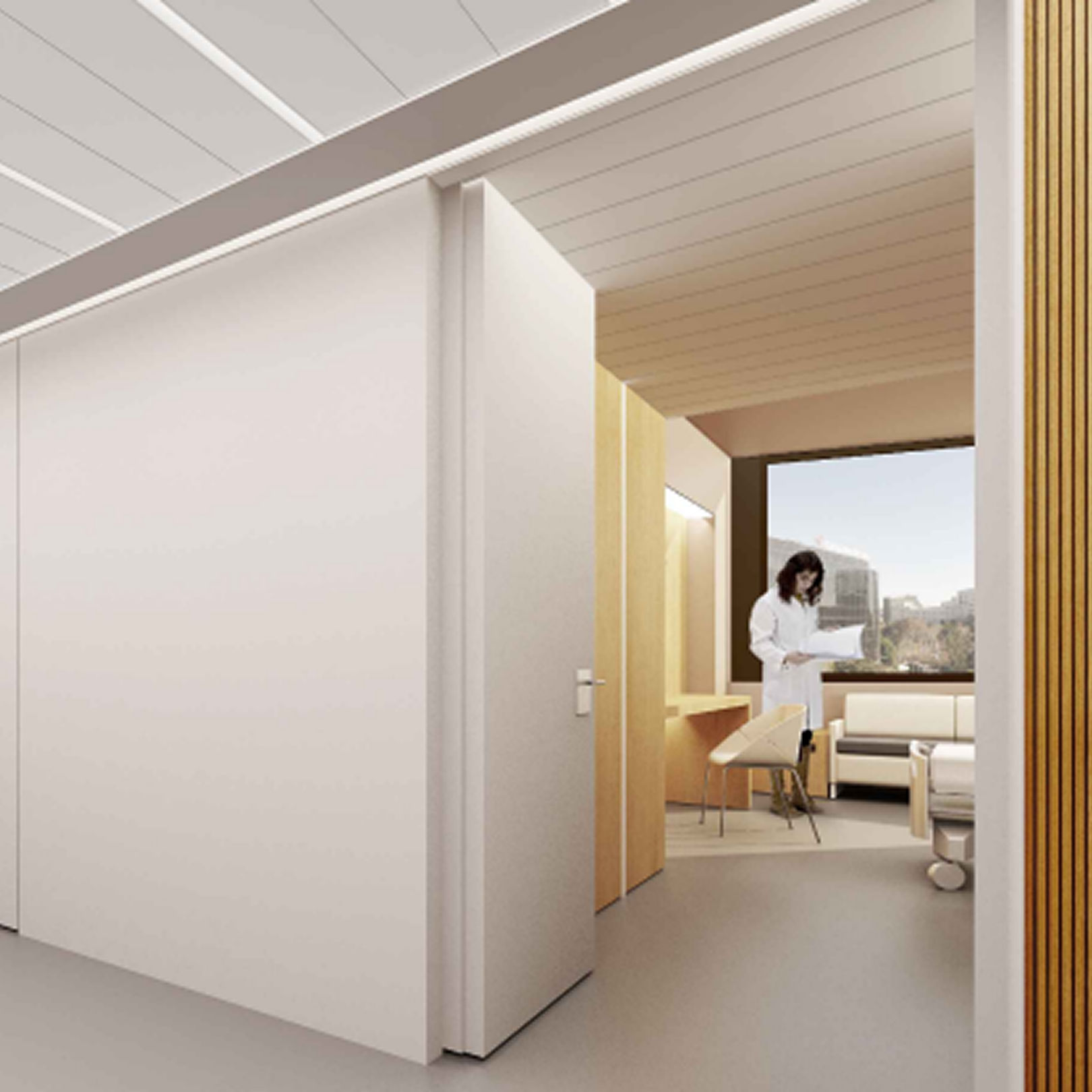 Detail of nurse station with task-focused lighting