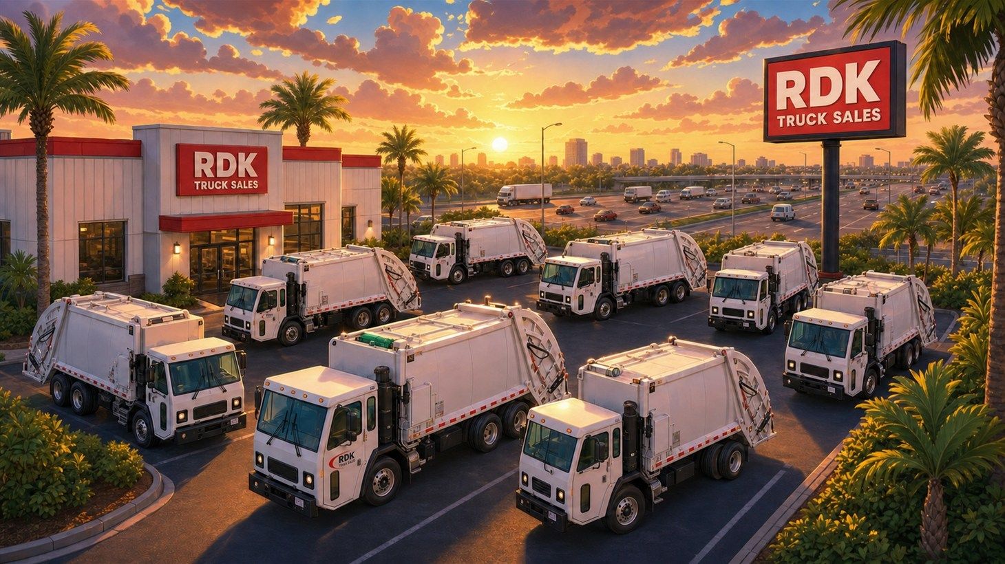 Rows of white RDK Truck Sales refuse trucks with red accent stripes parked at the Tampa, Florida dealership at overcast dusk, with the RDK Truck Sales building and sign in red and white, and a quiet highway carrying light traffic in the distance