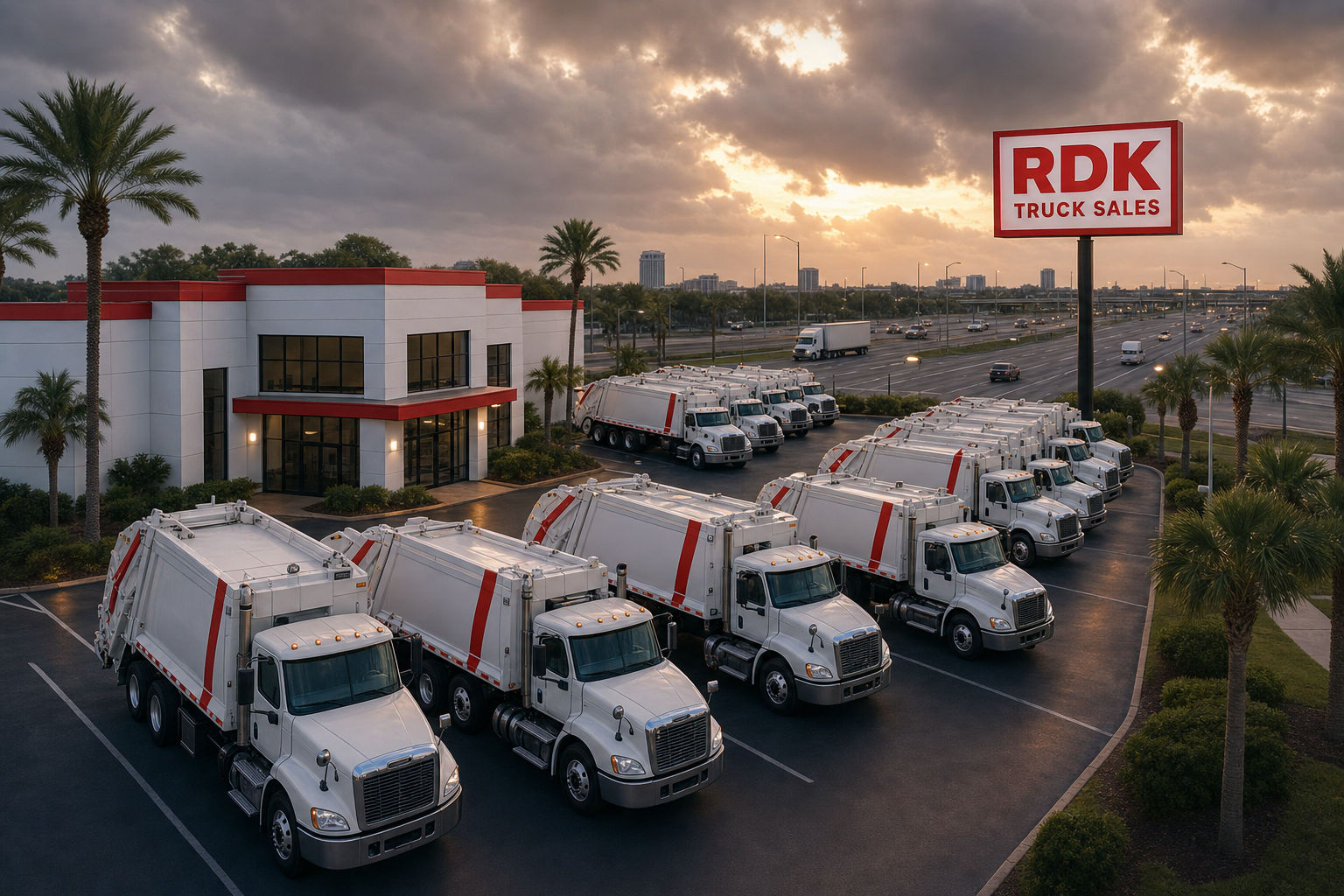 Rows of white RDK Truck Sales refuse trucks with red accent stripes parked at the Tampa, Florida dealership at overcast dusk, with the RDK Truck Sales building and sign in red and white, and a quiet highway carrying light traffic in the distance