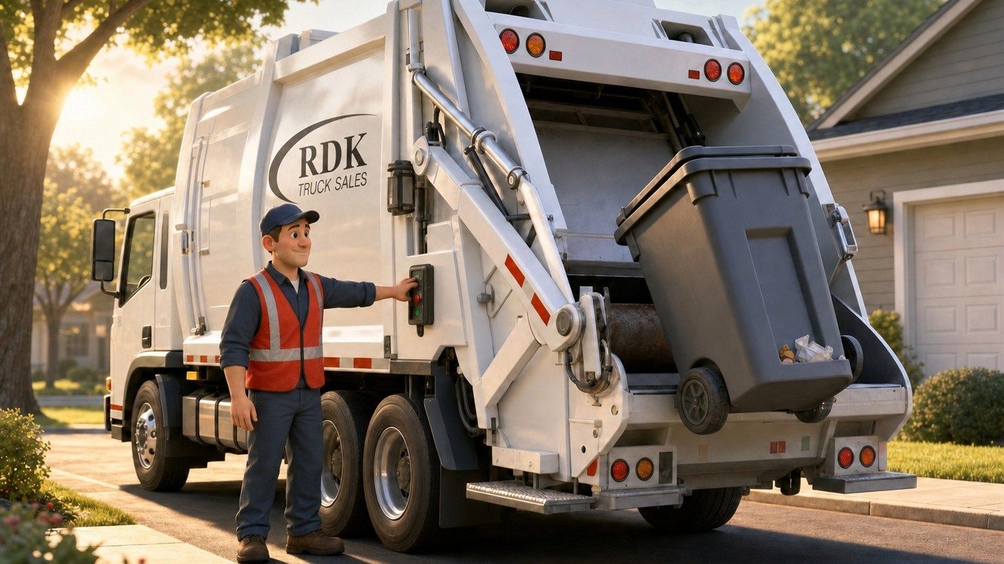 A sanitation worker operating the control panel of a refuse truck as its hydraulic arm lifts a residential trash cart that is less than a quarter full, illustrating declining waste volumes