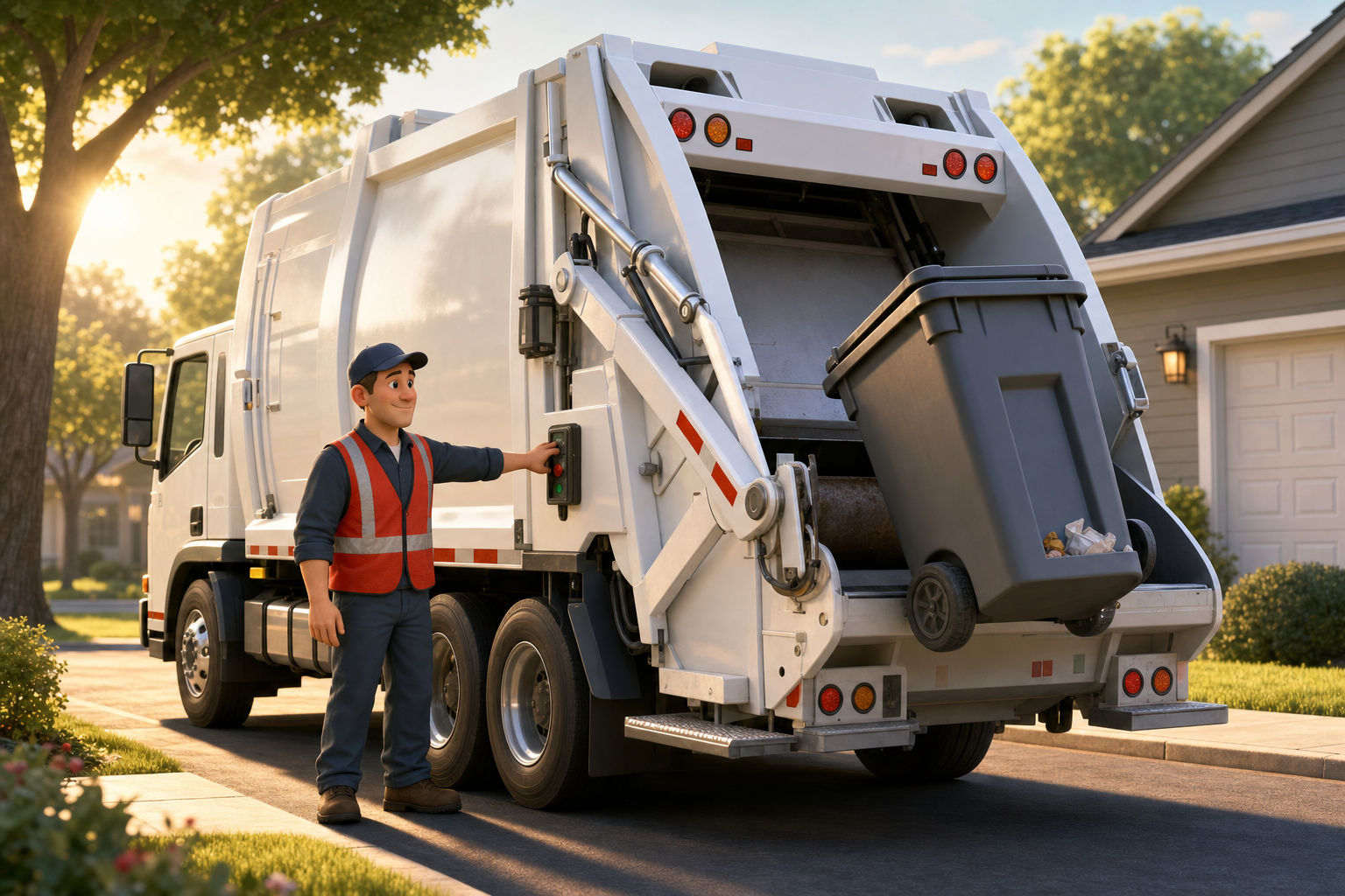 A sanitation worker operating the control panel of a refuse truck as its hydraulic arm lifts a residential trash cart that is less than a quarter full, illustrating declining waste volumes